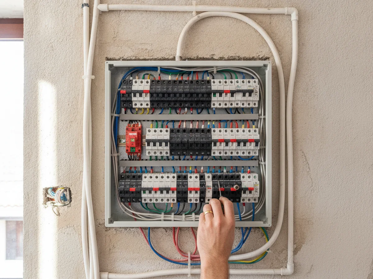 Elettricista al lavoro su quadro elettrico a Napoli
